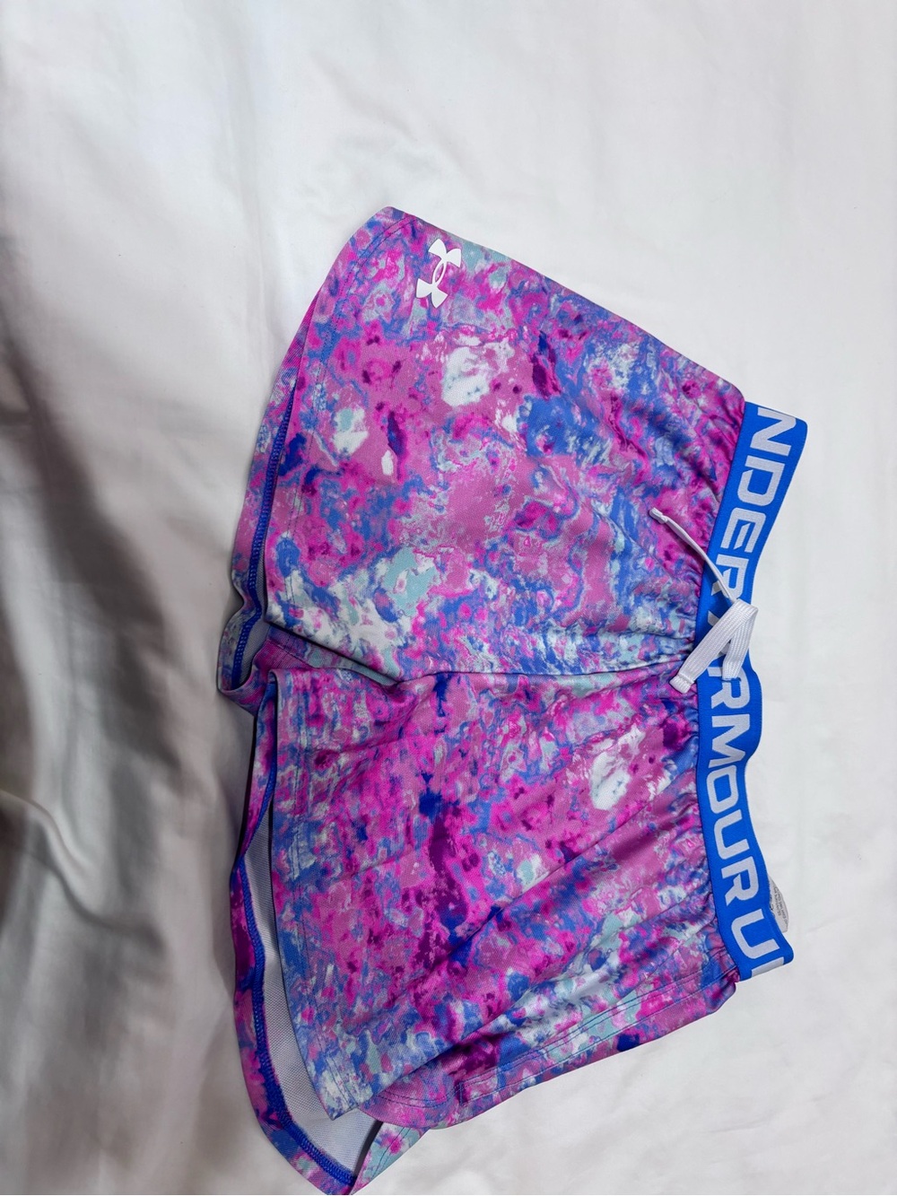 Under Armour Girls YLG Running Shorts Pink Blue Print Logo Waistband Lined
